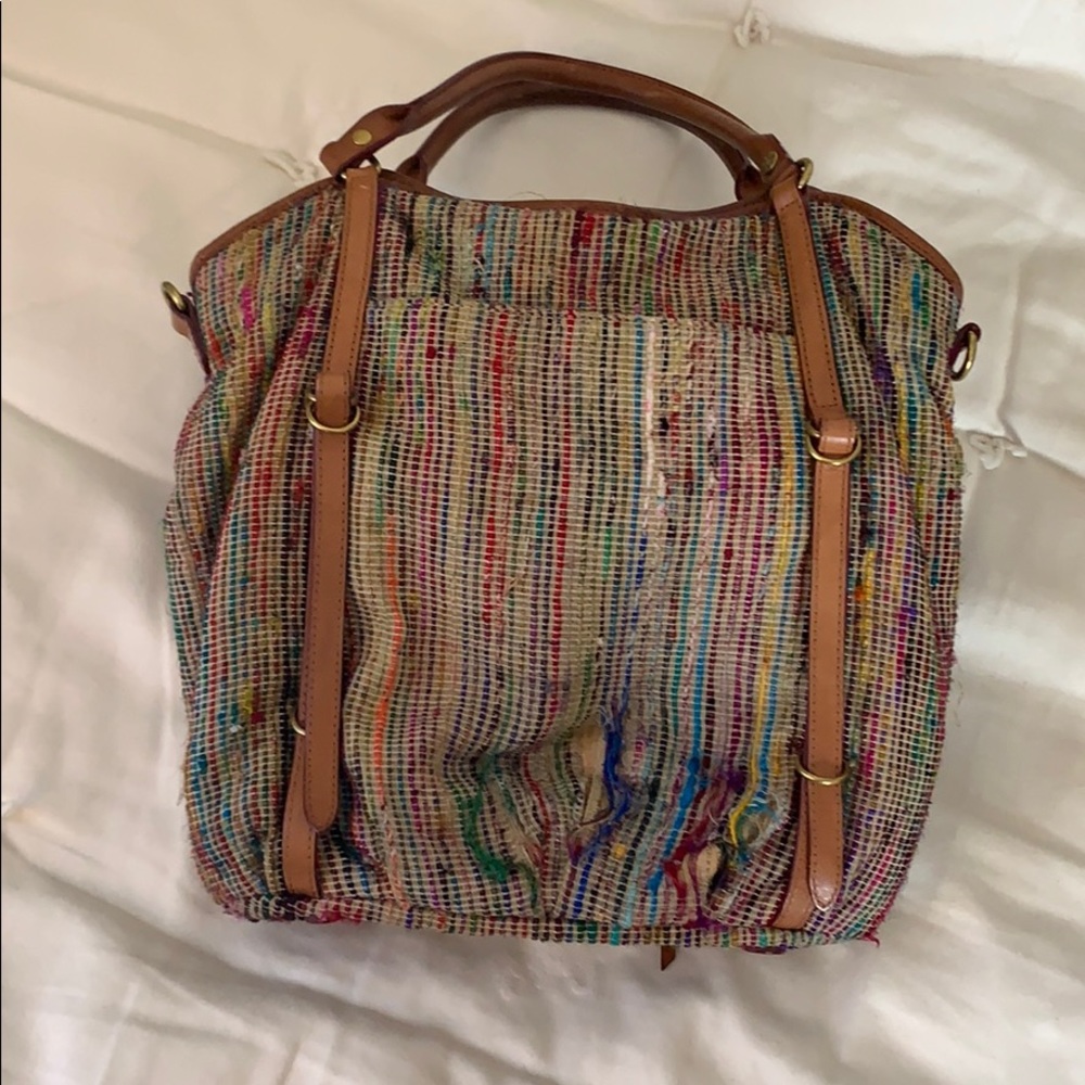 FLAWED Vintage MZ Wallace Multicolor Raw Silk and Leather  Bag - Picture 2 of 9